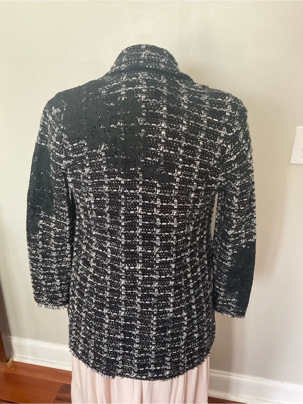 Chico's Black & White Tweed/boucle double breasted Jacket with Lace Appliqué